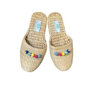 NEW Angela Moore Beaded hand Woven Slippers Sandals Straw Raffia sz 7-9